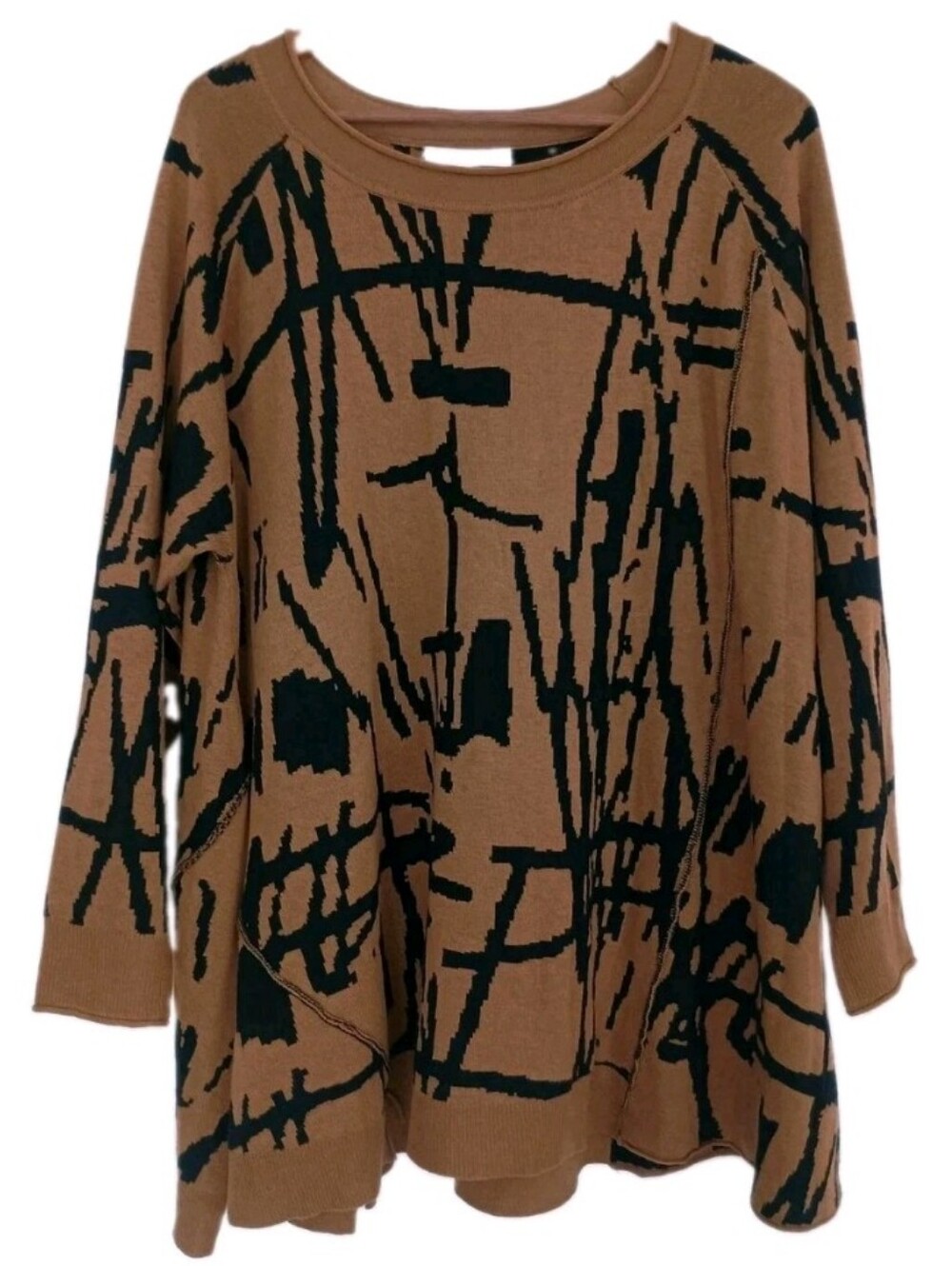 NOEN Wool Blend Mustard and Black Abstract Knit Sweater
